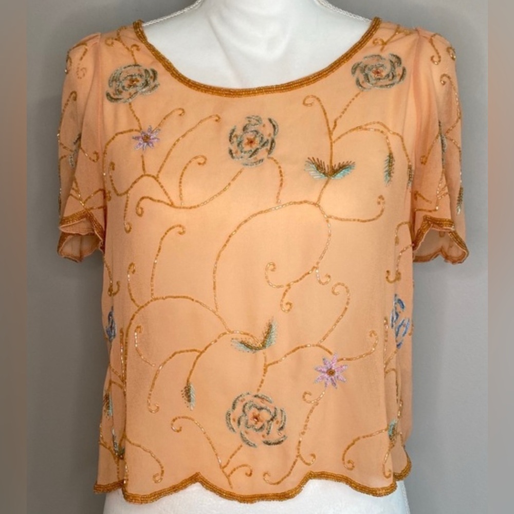Forever 21 Peach Floral Embroidered Blouse S Beaded Scalloped Hem Y2K Fairy Boho